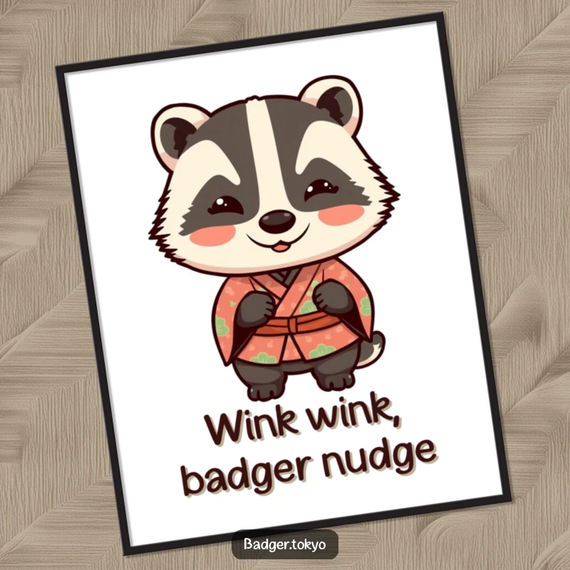 Funny Free Printable Wall Art: A mischievous Kawaii badger in a patterned kimono winks playfully, a charming and witty design.