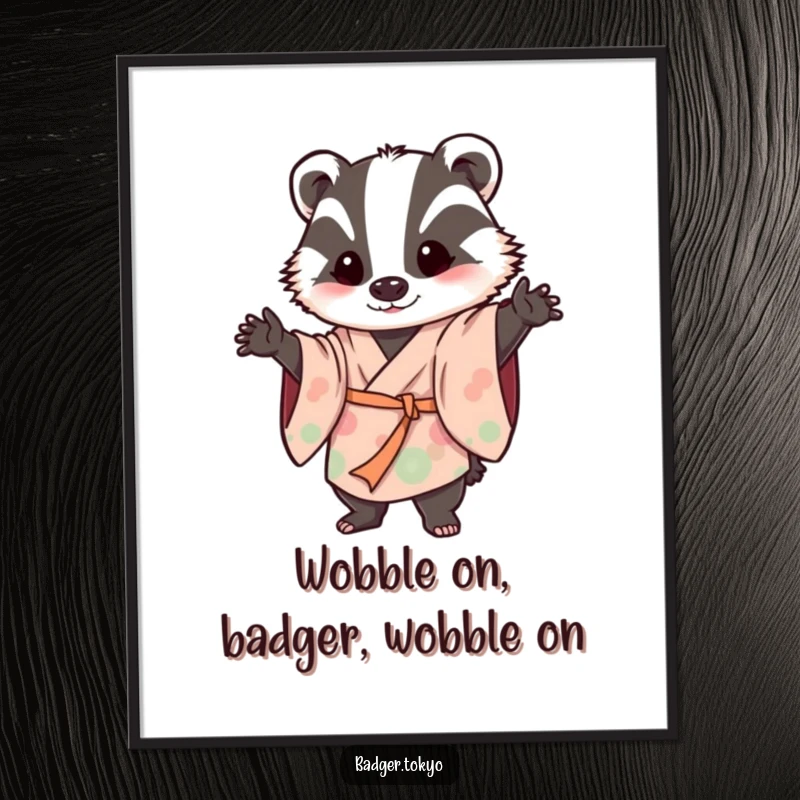 Funny Free Printable Wall Art: A badger in a flowing kimono strikes a dynamically wobbly, playful pose, full of personality.