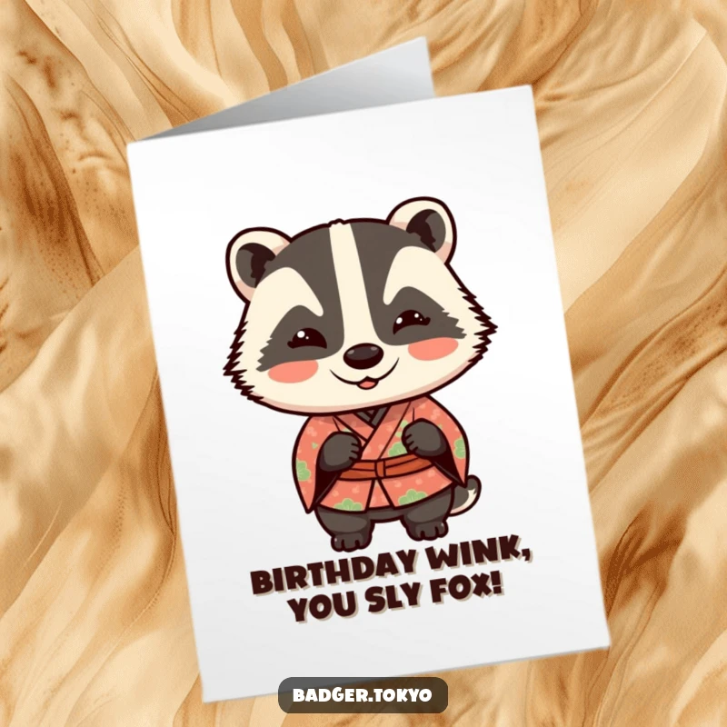 Funny Free Printable Birthday Card: Mischievous Kawaii badger in kimono winks playfully, a cheeky and festive design.
