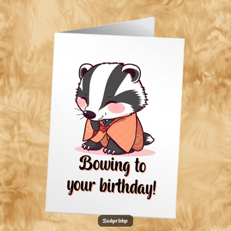 Funny Free Printable Birthday Card: A badger in a patterned kimono is joyfully bowing low, offering birthday wishes with charm.