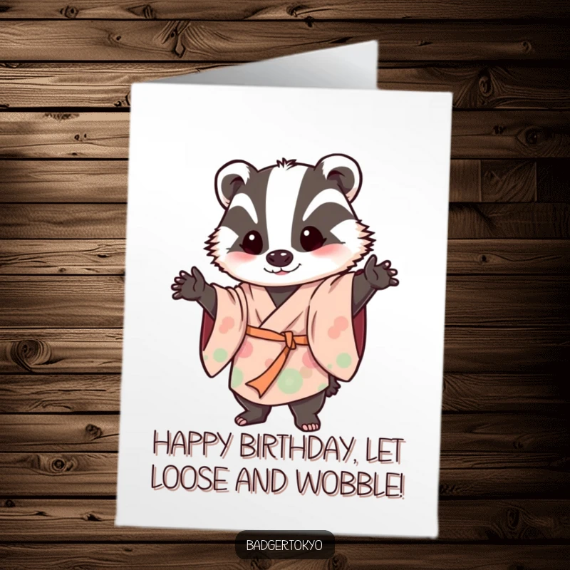 Funny Free Printable Birthday Card: A badger in a flowing kimono strikes a hilariously wobbly, playful pose, ready to celebrate.