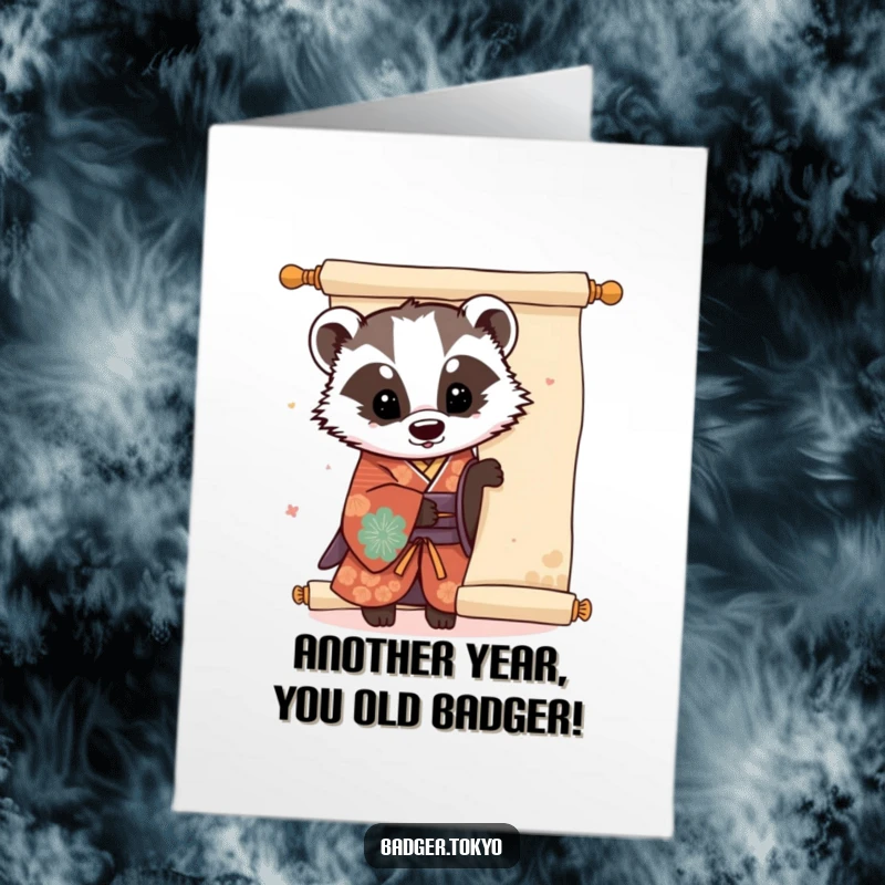 Funny Free Printable Birthday Card: Kawaii badger in kimono peeks from scroll, a playful and humorous design.