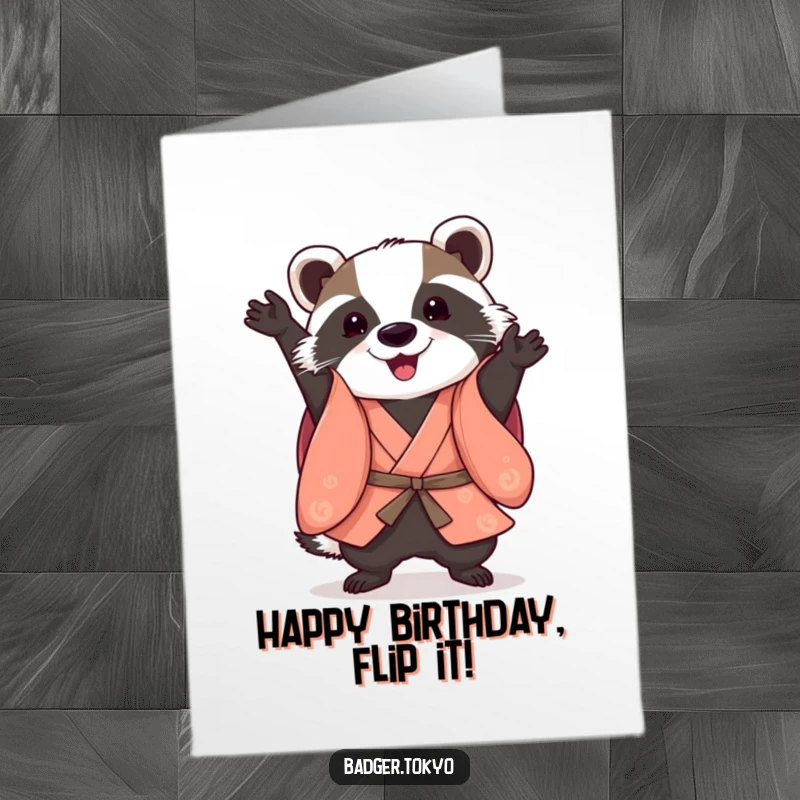 Funny free printable birthday card showing a badger in a smart kimono, performing a playful, energetic somersault with enthusiasm.