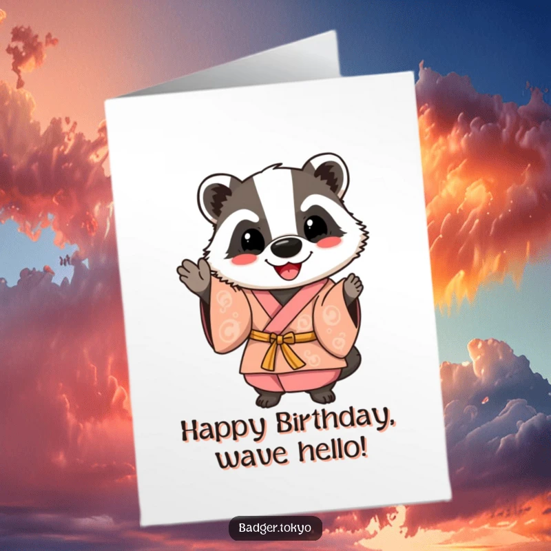 Funny free printable birthday card featuring a happy badger in a brightly colored kimono, offering a warm and friendly wave.