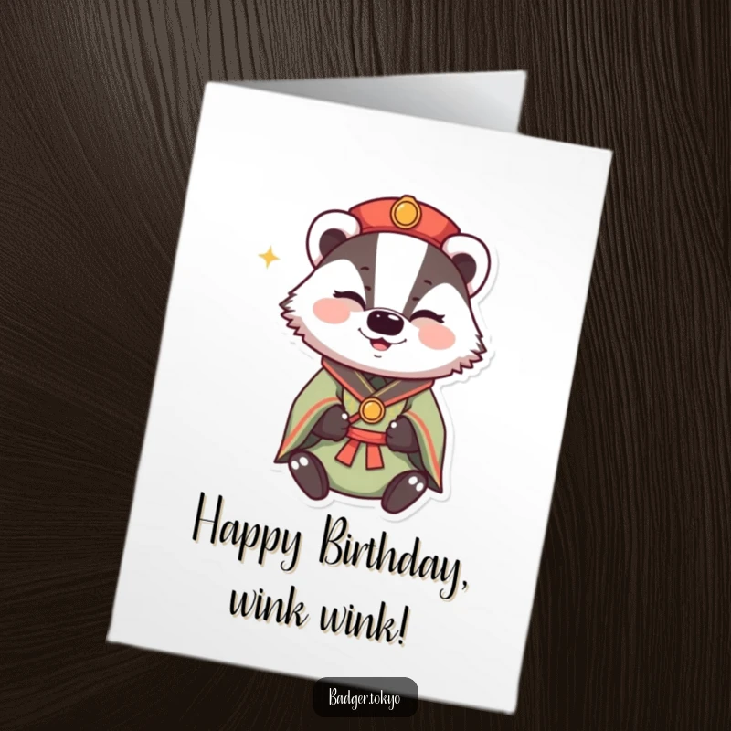 Funny free printable birthday card featuring a badger in traditional attire, winking mischievously with a happy sparkle in its eye.
