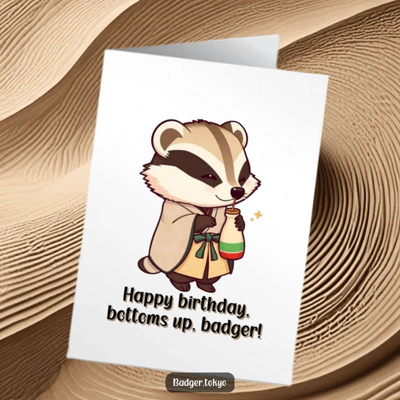 Funny Free Printable Birthday Card: A badger in an ornate kimono playfully tips a small sake flask, ready to party.
