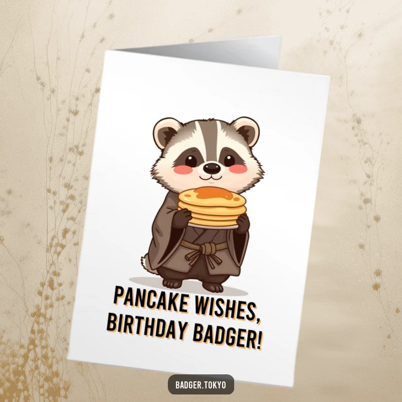 Funny Free Printable Birthday Card: Kawaii badger in kimono proudly balances pancakes, a delightful and tasty design.