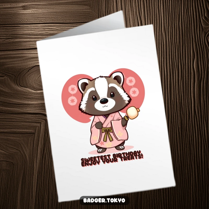 Funny Free Printable Birthday Card: A badger in a beautiful kimono happily holds a skewer of dango, smiling sweetly.