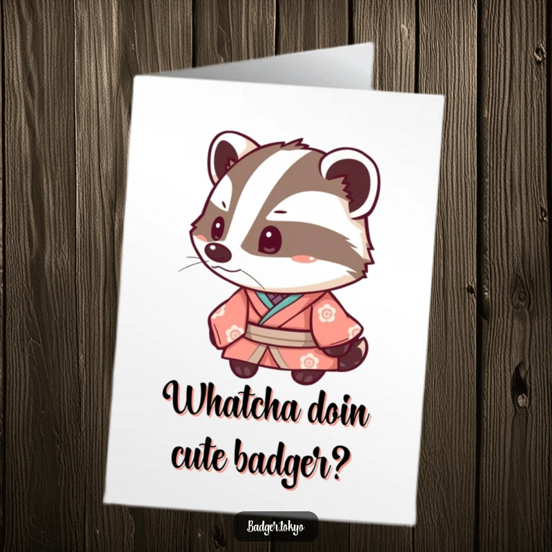 Funny free printable birthday card featuring a kawaii badger in a kimono, tilting its head inquisitively with a sweet expression.