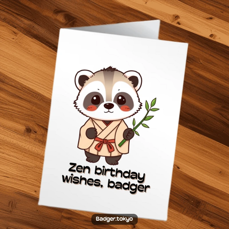 Funny Free Printable Birthday Card: Calm Kawaii badger in kimono holds bamboo, a peaceful and thoughtful design.