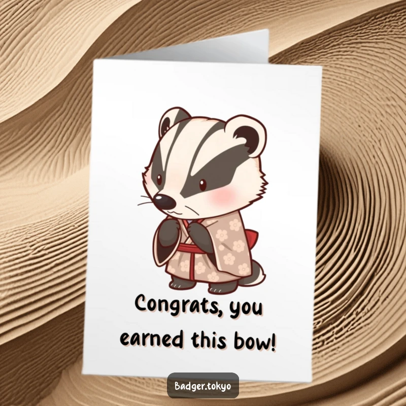 Funny Free Printable Congratulations Card: A cute badger in a patterned kimono performs a polite, respectful bow, conveying warm wishes.