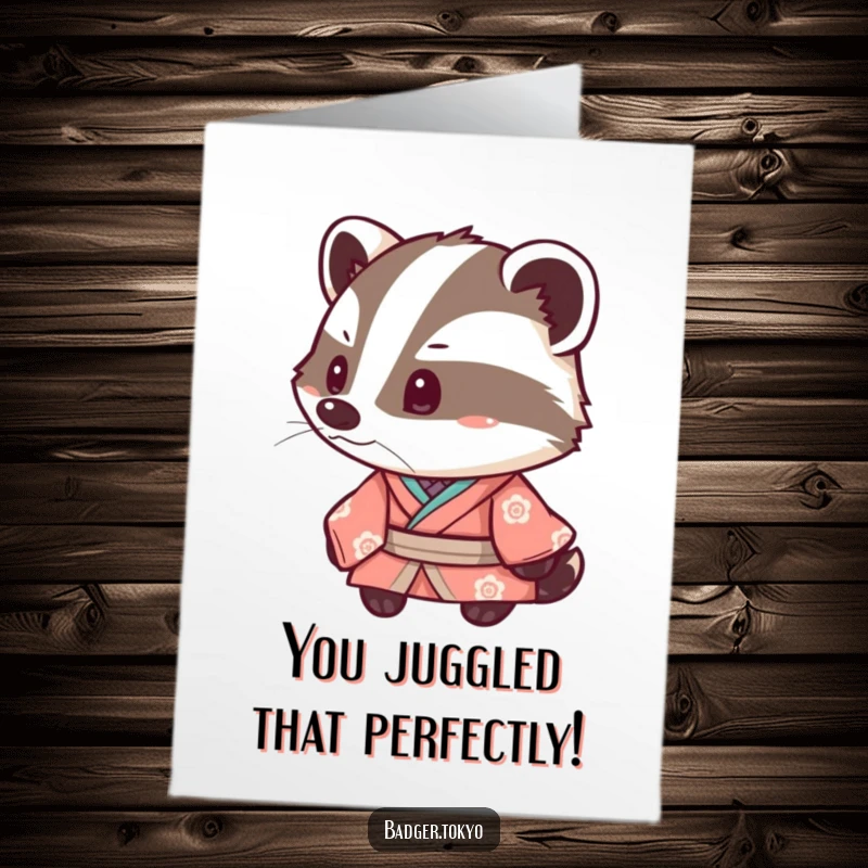 Funny free printable congratulations card showing a cute badger wearing a kimono and looking curious, perfect for any celebration.