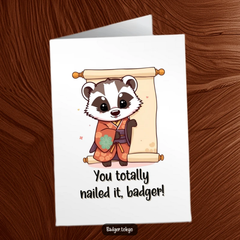 Funny Free Printable Congratulations Card: Kawaii badger in kimono peeks from a scroll, a cheerful and witty design.