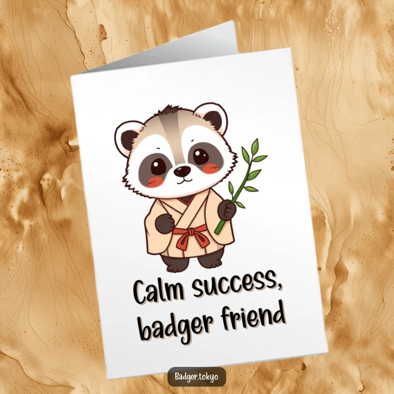 Funny Free Printable Congratulations Card: Calm Kawaii badger in kimono holds bamboo, a peaceful and achieving design.