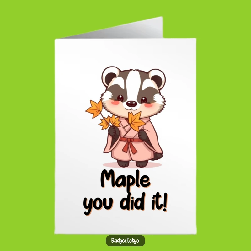 Free Printable Congratulations Card: Elegant Badger in Kimono with Maple Leaf for Any Achievement