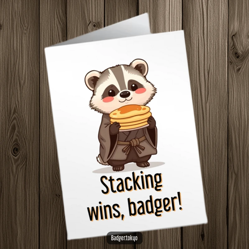 Funny Free Printable Congratulations Card: Kawaii badger in kimono proudly balances pancakes, a sweet and amusing design.