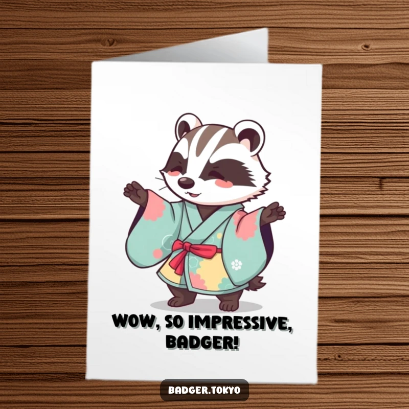 Funny Free Printable Congratulations Card: Kawaii badger in kimono performs a gentle, sweeping motion, a celebratory design.
