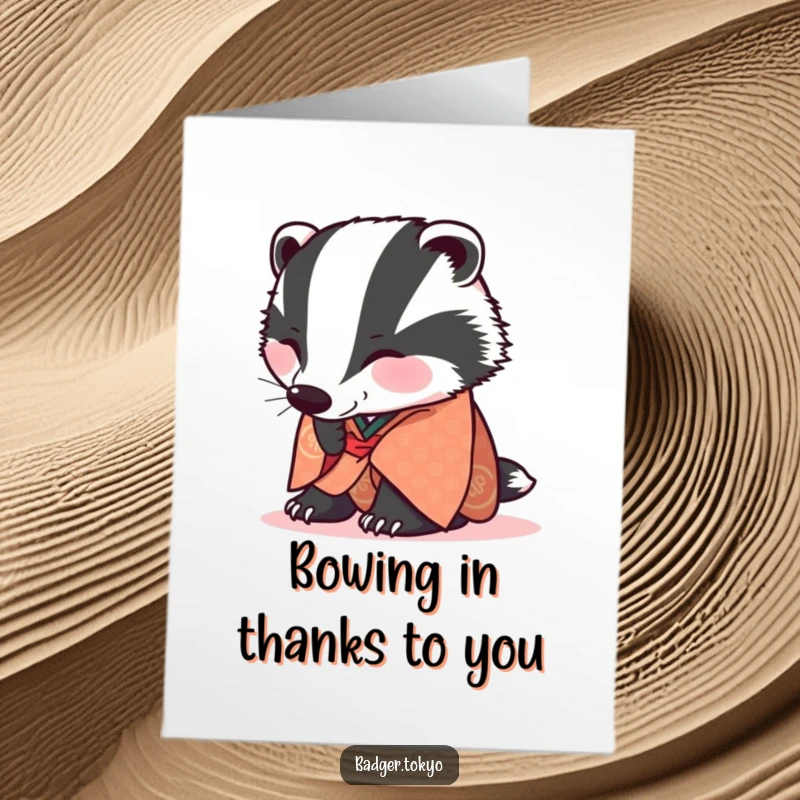 Funny Free Printable Thank You Card: A badger in a patterned kimono joyfully bows low, offering sincere thanks.