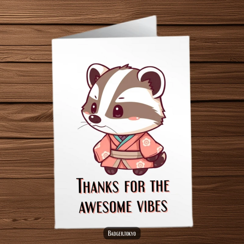 Funny free printable thank you card with a sweet badger in a kimono, tipping its head with a questioning look.