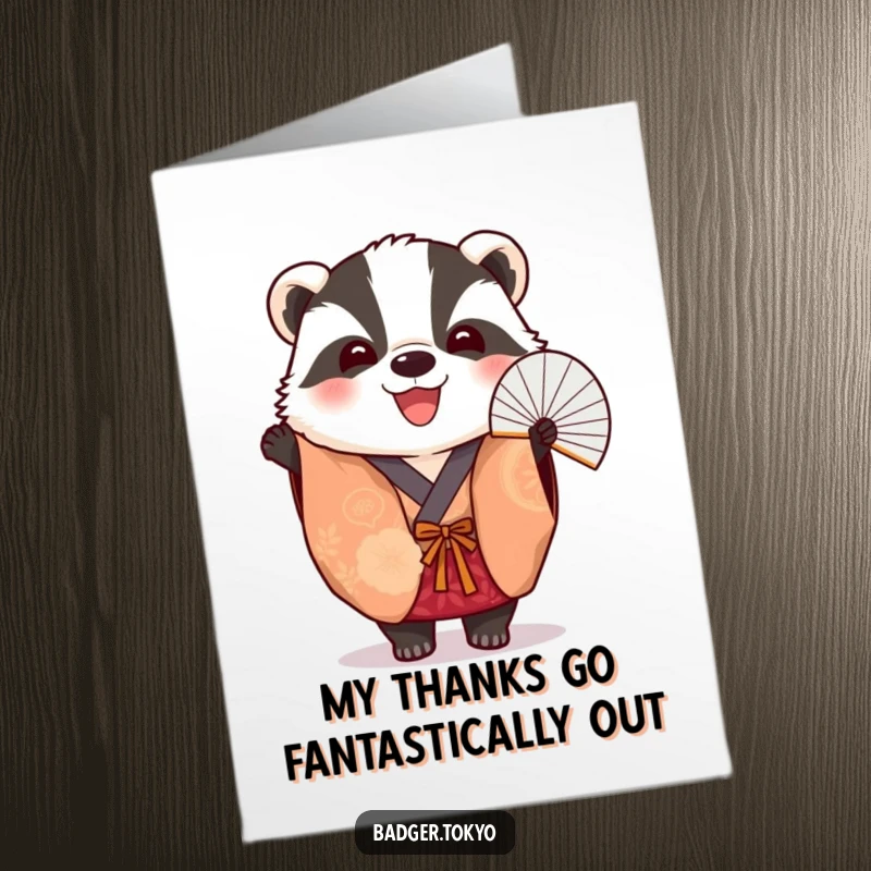 Funny Free Printable Thank You Card: A badger in a vibrant kimono cheerfully holds a fan, conveying thanks with personality.
