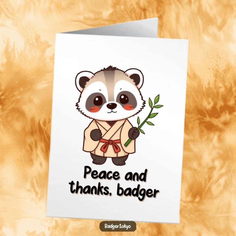 Funny Free Printable Thank You Card: Calm Kawaii badger in kimono holds bamboo, a peaceful and appreciative design.