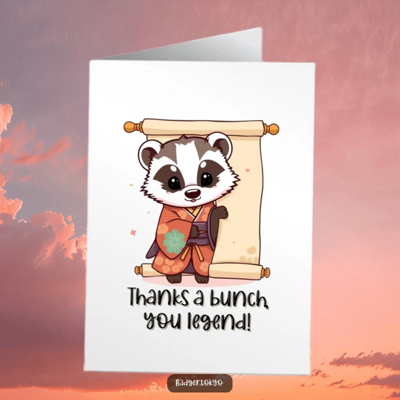 Funny Free Printable Thank You Card: Kawaii badger in kimono peeks from a scroll, a charming and appreciative design.
