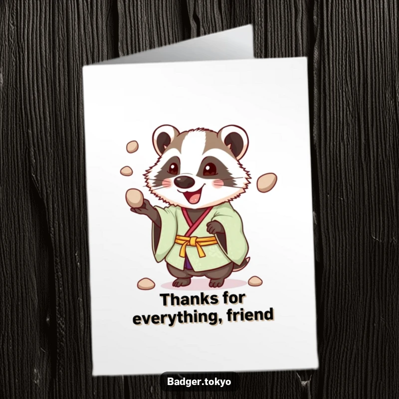 Funny free printable thank you card illustrating a badger in a bright kimono, enthusiastically juggling pebbles with a happy look.