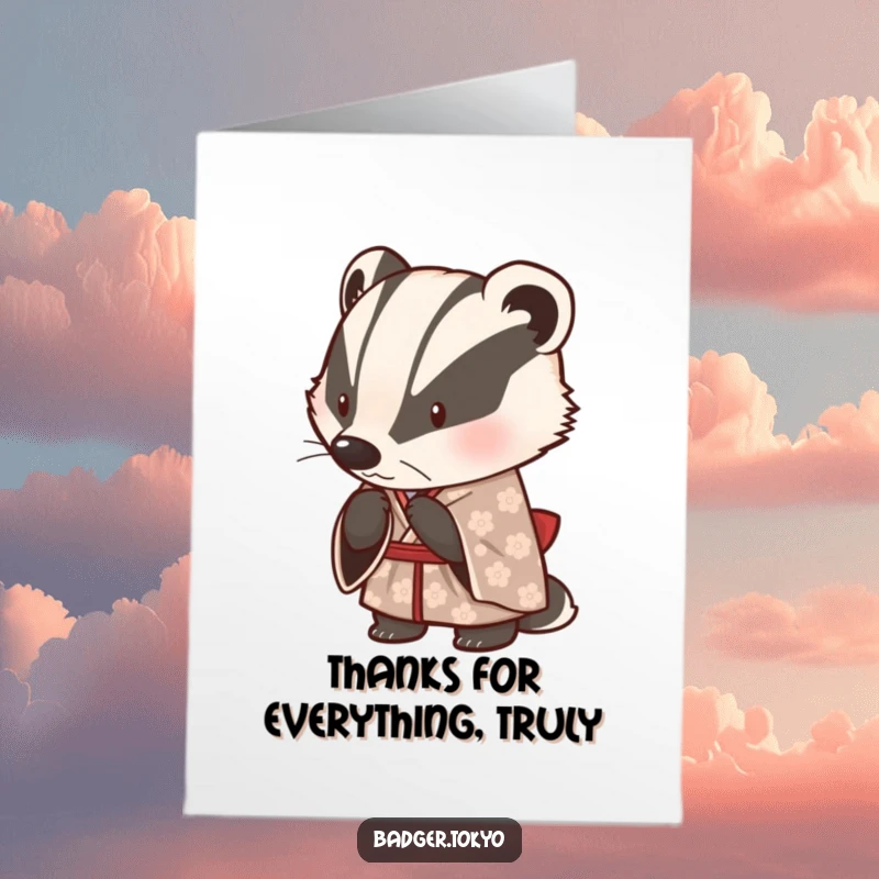 Funny Free Printable Thank You Card: A cute badger in a patterned kimono executes a polite bow, expressing sincere gratitude.