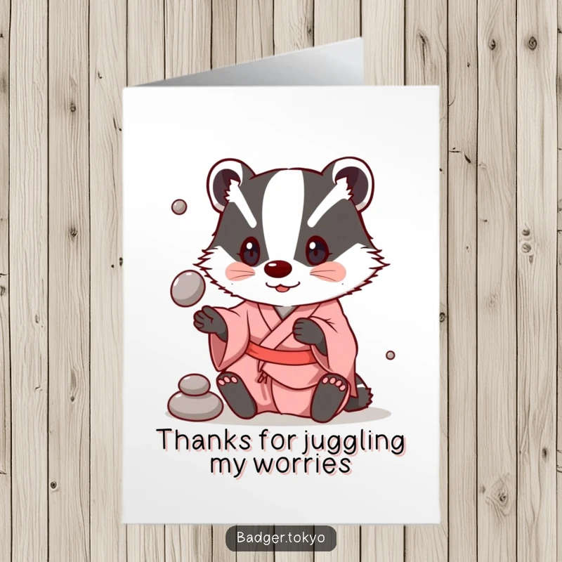 Funny Free Printable Thank You Card: A badger in a simple kimono playfully juggles smooth stones, showing thanks with flair.