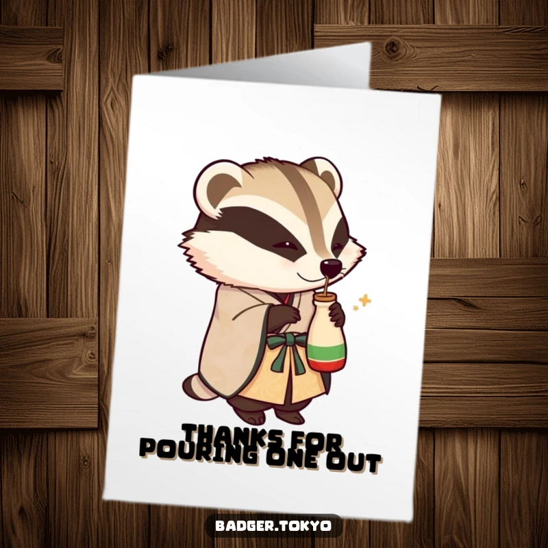 Funny Free Printable Thank You Card: A badger in an ornate kimono playfully tips a small sake flask, offering thanks.