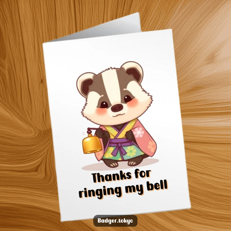 Funny Free Printable Thank You Card: A badger in a colorful kimono curiously examines a tiny bell, expressing thanks.