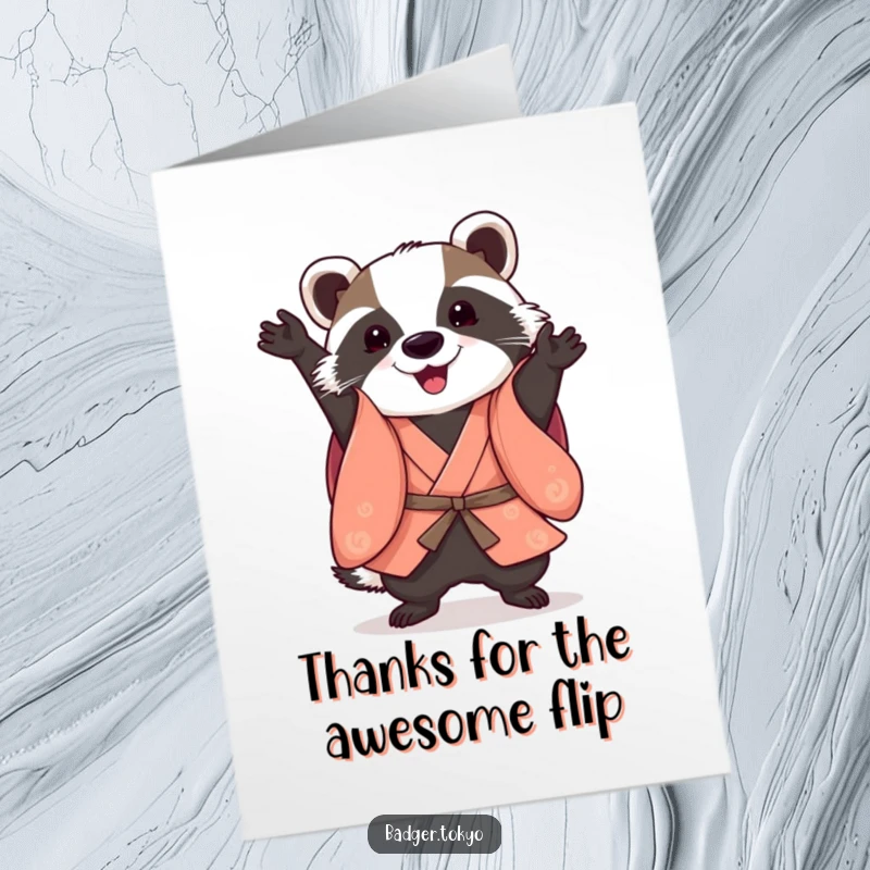 Funny free printable thank you card of a badger in a smart kimono, doing a playful somersault with a cheerful attitude.