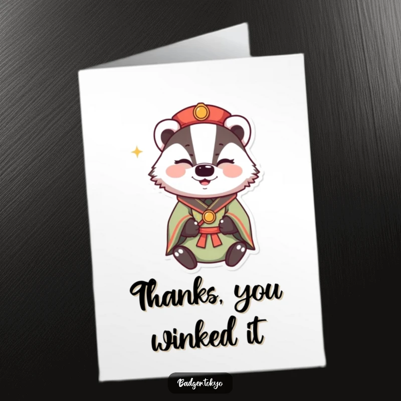 Funny free printable thank you card of a badger in traditional attire, winking with a happy sparkle, adding a touch of personality.