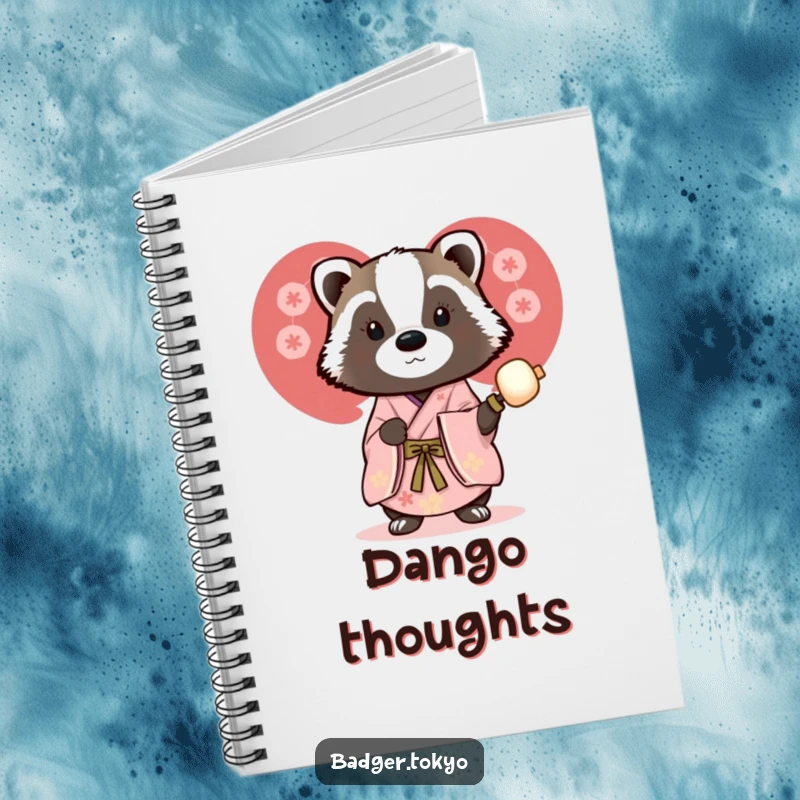 Funny notebook with a badger in a beautiful kimono holding a dango skewer, perfect for jotting down sweet ideas and culinary notes.