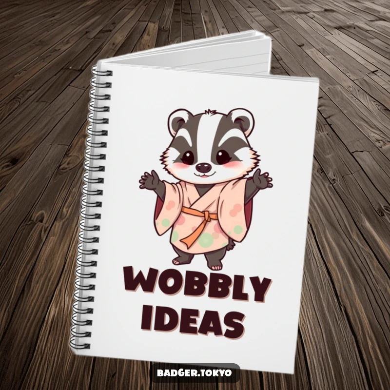 Funny notebook with a badger in a flowing kimono striking a playful, wobbly pose, perfect for jotting down humorous thoughts and ideas.