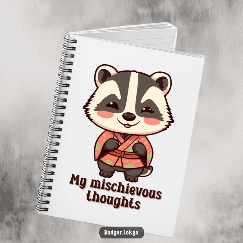 Funny Kawaii badger in a patterned kimono giving a playful wink, ideal for journaling with a humorous touch.