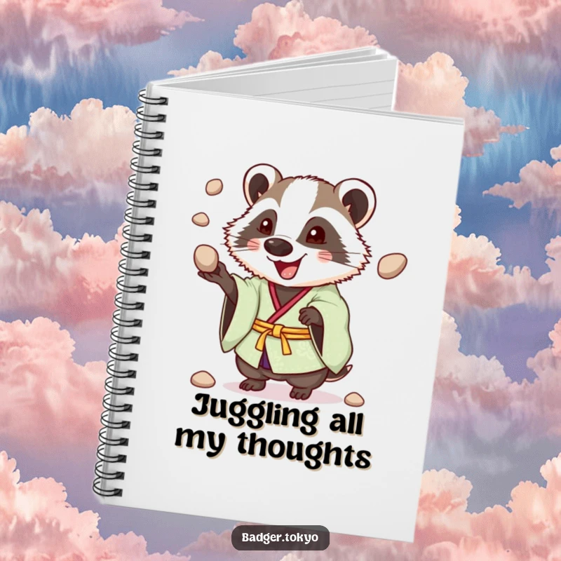 Funny Juggling Badger Kimono Notebook, badger enthusiastically juggling pebbles, cheerful, journaling, creative, perfect funny gift.