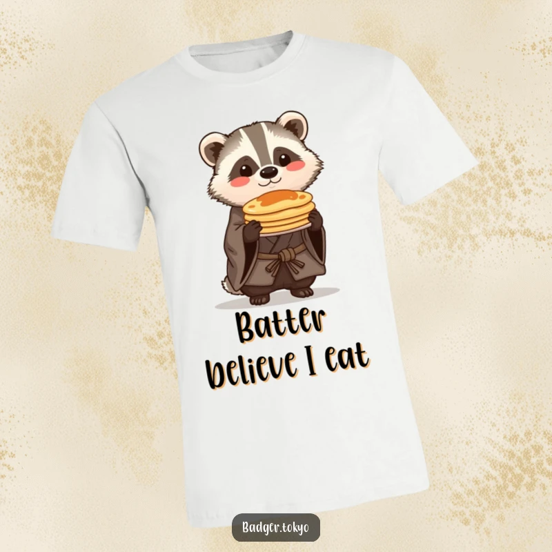 Funny Kawaii badger in a rustic kimono proudly balancing a stack of pancakes, a humorous and delightful t-shirt design.