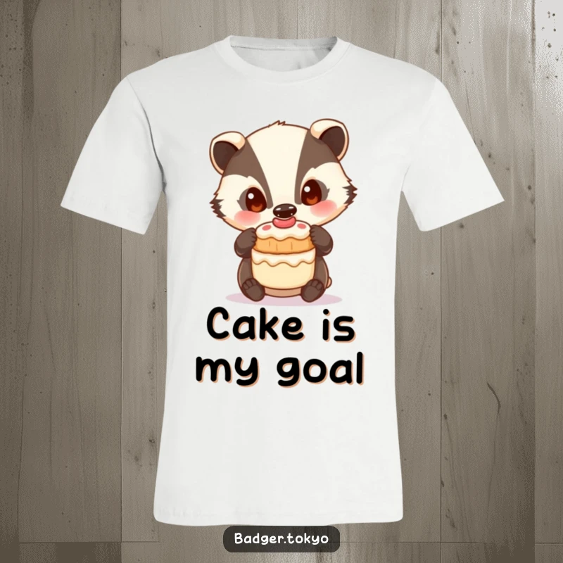 Funny T-Shirt: A badger with curious eyes is expertly balancing a small cake.
