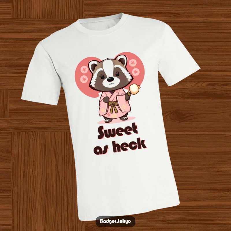 Funny t-shirt with a badger in a beautiful kimono holding a dango skewer, showcasing a humorous and stylish snack lover.