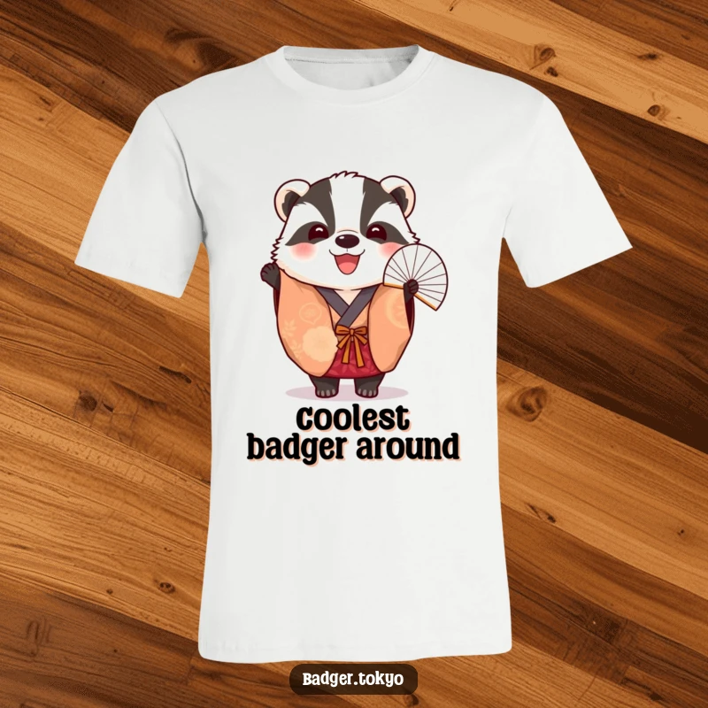 Funny T-Shirt: A cheerful badger in a colorful kimono happily holds a decorative fan.