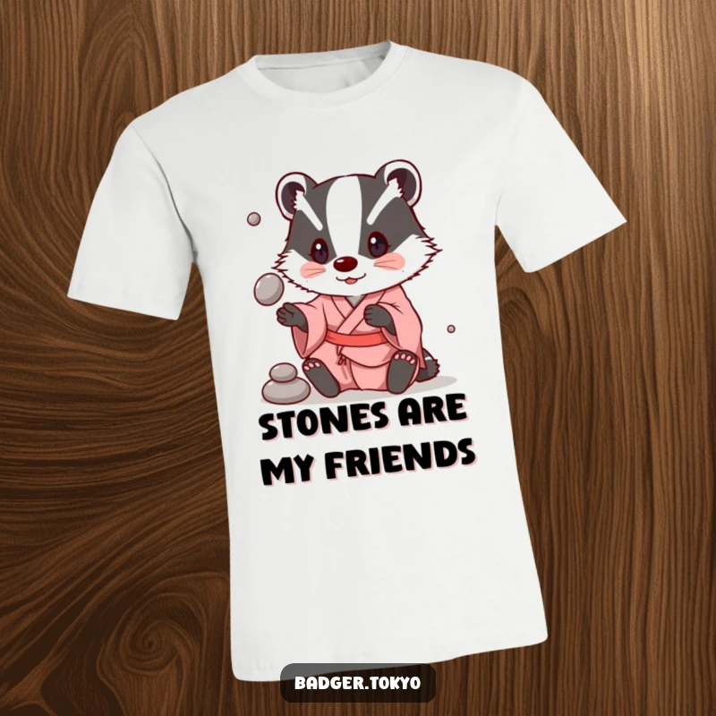 Funny T-Shirt: A badger in a simple kimono is playfully juggling smooth stones.
