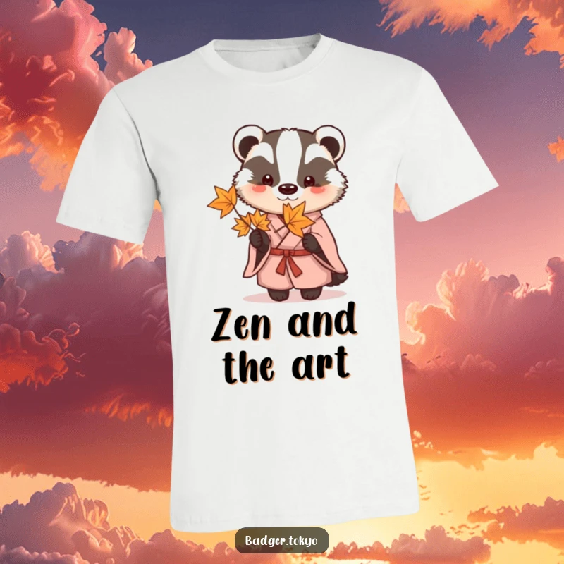 Funny T-Shirt: A contemplative badger dressed in a simple kimono, gently holding a single, delicate maple leaf.