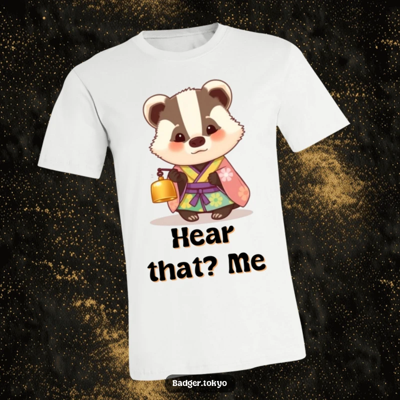 Funny t-shirt with a badger in a colorful kimono looking curiously at a tiny bell, showcasing a humorous and inquisitive character.