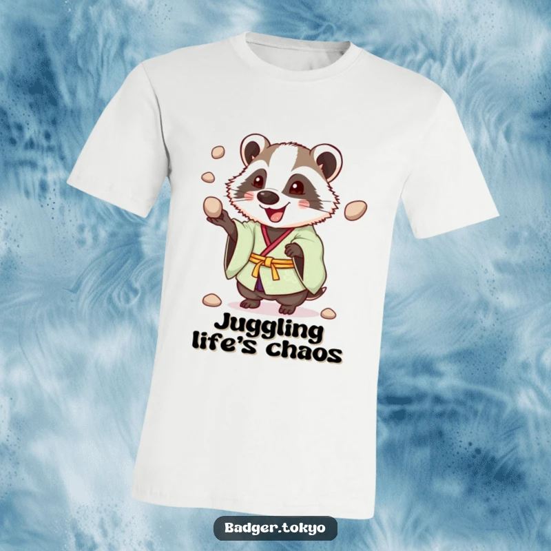 Funny Juggling Badger T-Shirt, badger cheerfully juggling pebbles, energetic, playful, excellent funny gift.