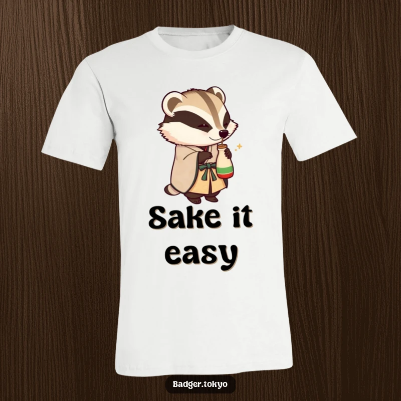 Funny t-shirt with a badger in an ornate kimono playfully tipping a small sake flask, showcasing a humorous and festive character.