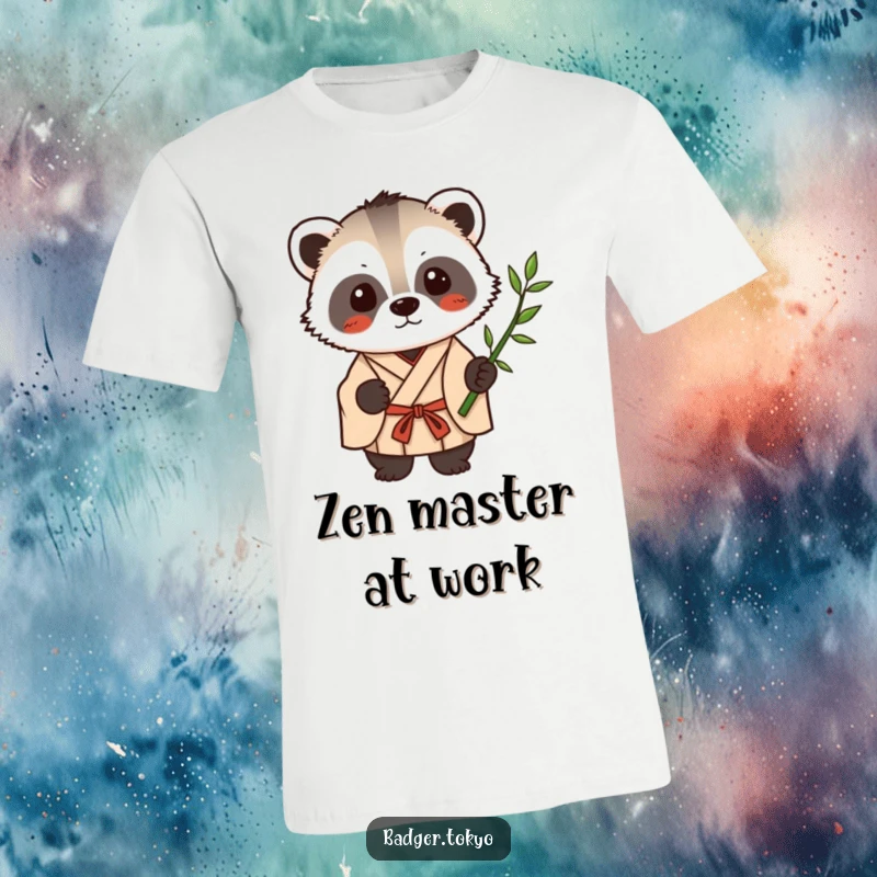 Funny Kawaii badger in a simple kimono holding a single bamboo stalk, a peaceful and humorous t-shirt design.