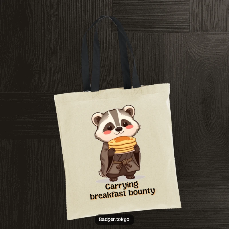 Funny Kawaii badger in a rustic kimono proudly balancing a stack of pancakes, a humorous and practical tote bag.