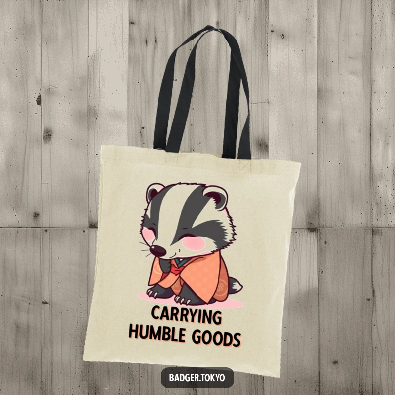 Funny Tote Bag: A badger in a patterned kimono is joyfully bowing low, ready to assist.