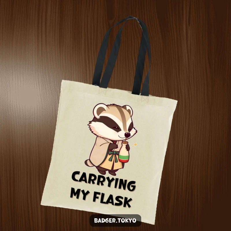 Funny tote bag with a badger in an ornate kimono playfully tipping a small sake flask, perfect for carrying items with humorous cheer.